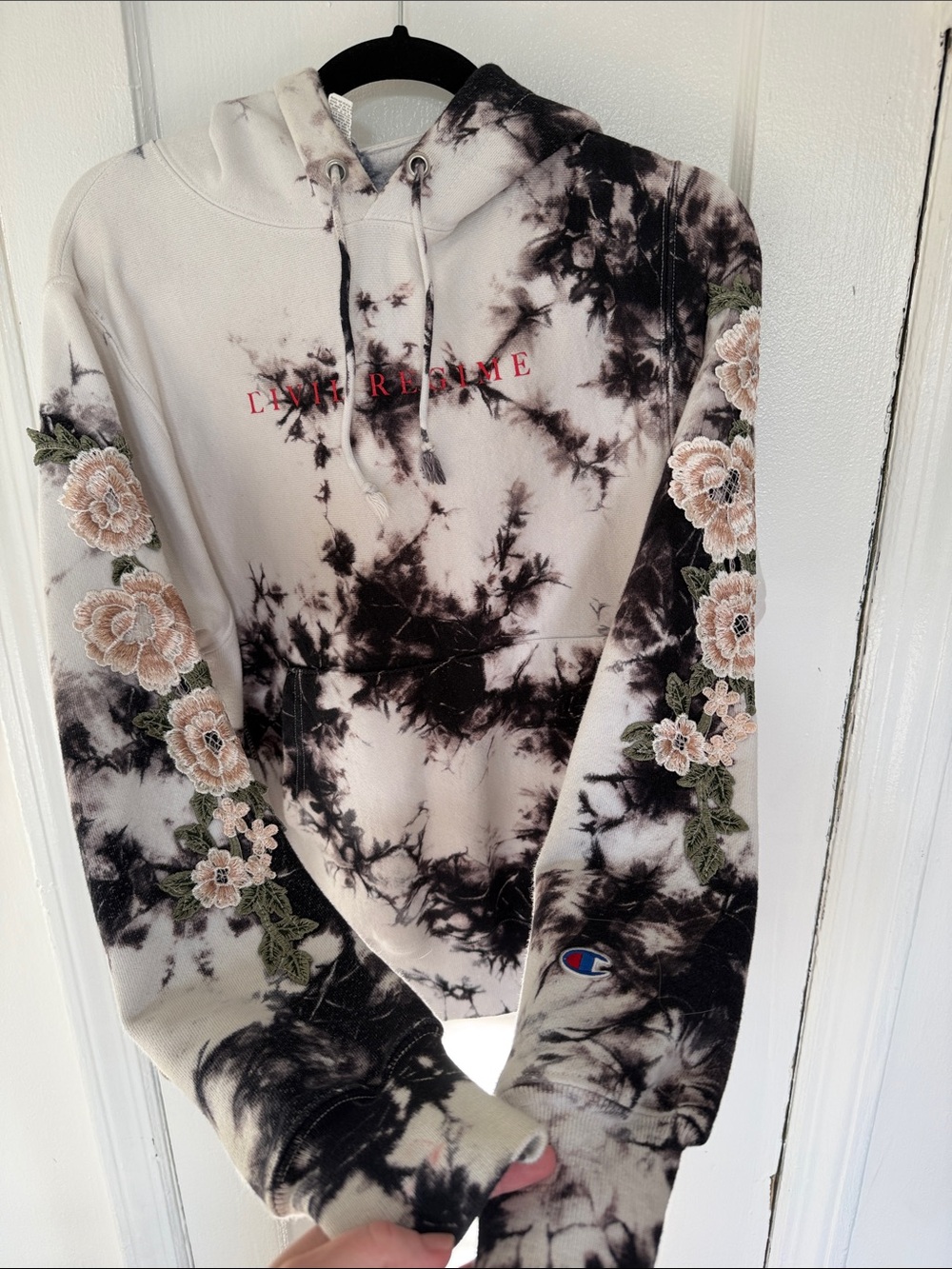 Champion Tie-Dye Cream & Black Hoodie with Floral Embroidery